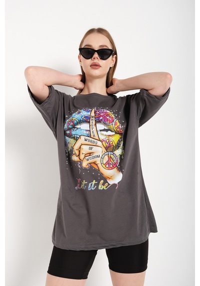 Flood Of Style Kadın Antrasit Let It Be Oversize T-shirt Gri