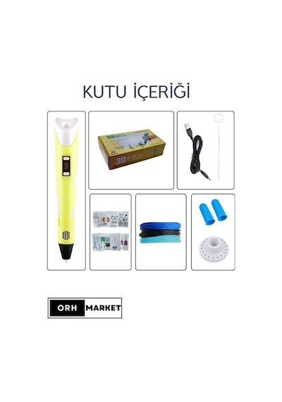 Sarı 3D Kalem 3D Pen Yazıcı Kalem – 3 Adet 3 Metrelik PLA Filament (Toplam 9M) + USB Kablo