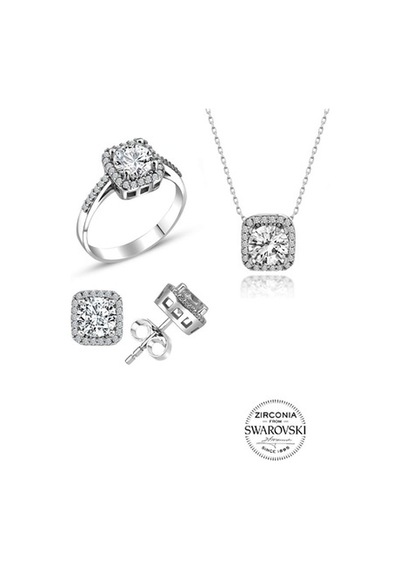 Gümüş Swarovski Taşlı Pırlanta Modeli Kare Üçlü Set