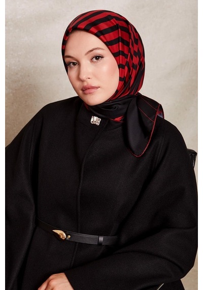 Levidor Şerit Desen Twill İpek Eşarp-0909 Kırmızı