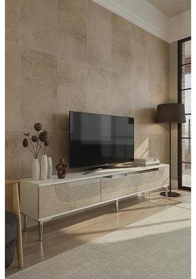 Tsa1805bts Meyra Tv Sehpası Beyaz-traverten-sılver 180cm Beyaz - Traverten - Gümüş