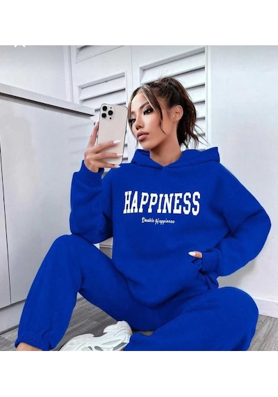 Kozia Outdoors Happines Baskili Kapşonlu Oversize Unisex Swetshirt Tybmlk-happınes100413811 Mavi