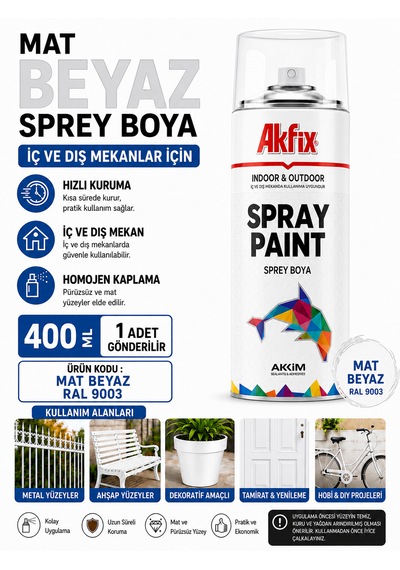 Akfix Sprey Boya Renk Seçiniz 400 Ml İç Ve Dış Cephede Kullanılabilir Mükemmel Kapatıcılık Mat Beyaz