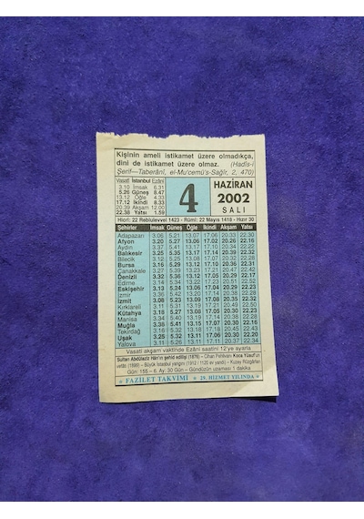 4 Haziran 2002 Takvim Yaprağı - Nostalji Koleksiyonluk Takvim Yaprağı