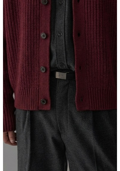 Tarz Cool Bordo Erkek Slim Fit Pamuklu Yuvarlak Yaka Düğmeli Hırka Bej