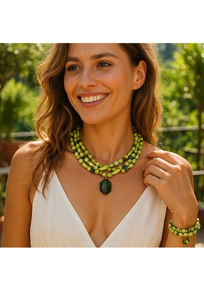 Peridot Ahşap Bolluk Ve  Kolye Bileklik Seti Çok Renkli