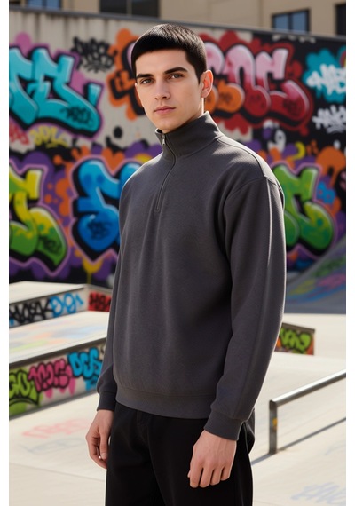 Benerly Erkek Dik Yaka Standart Kol Selanik Oversize Kalıp Sweatshirt Fon Antrasit