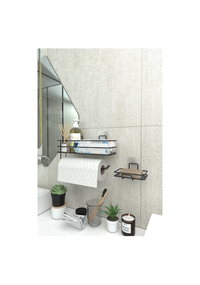 Zabata Yapışkanlı Banyo Rafı Kağıt Havlu Tutacağı Ve Metal Sabunluk Set Düzenleyici Siyah