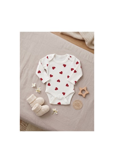 Deniva Kids Bebek Kırmızı Kalp Desenli Fitilli Kaşkorse Uzun Kollu Çıtçıtlı Badi Zıbın Beyaz