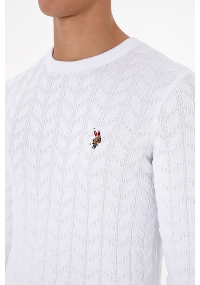 U.S. Polo Assn. Erkek Slim Fit Bisiklet Yaka Desenli Beyaz Kazak 50307836-VR013