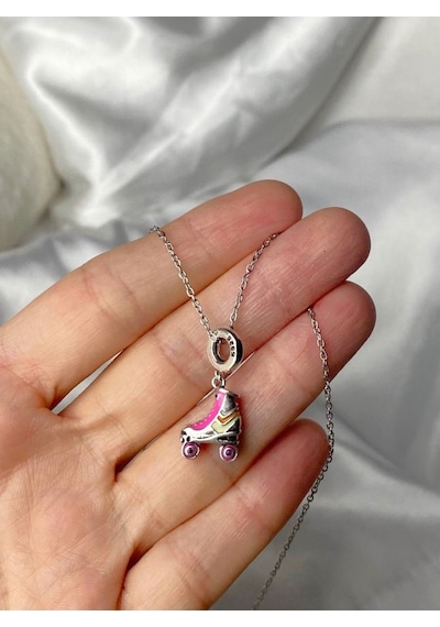 Pembe Gümüş Renkli Paten Charm Kolye Paslanmaz Çelik Çok renkli
