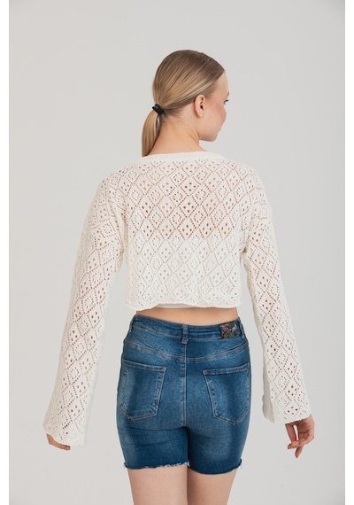 Duygudan Feminen Ajurlu Dokulu Beyaz Crop Bluz Standart Beden - Beyaz