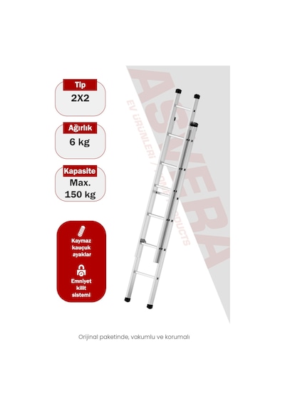 Asvera Endüstriyel 4 Metre 2 Parçalı Alüminyum Merdiven - 1.4 Mm Sürgülü Profesyonel Merdiven