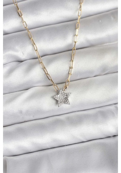 Mey İthalat Pirinç Gold Renk Zincirli Zirkon Taşlı Minimal Yıldız Model Kadın Kolye Diğer
