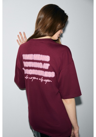 Grımelange Kıvato Kadın Pamuk Yumuşak Kumaşlı Baskı Detaylı Bordo T-shirt Bordo