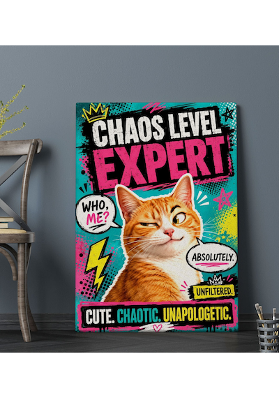 Bk Gift Chaos Level Expert Yazılı Turuncu Kedi Pop Art Eğlenceli Ve Renkli Kanvas Duvar Tablosu 50x70 Cm