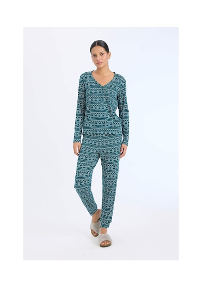 DeFacto Fall in Love Pijama Takımı Waffle Kumaş Uzun Kollu Üst Esnek Belli Uzun Alt D2284AX24WNGN1040 Yeşil
