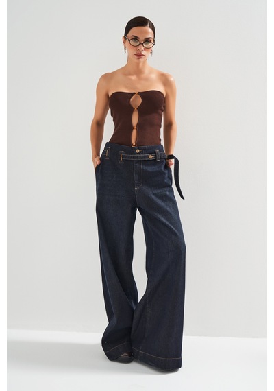 Itsbasic Kadın Koyu Kot Rengi 2w5-128 Süper Palazzo Fit %100 Koton Kemer Detaylı İç Boy 83cm Denim Jean