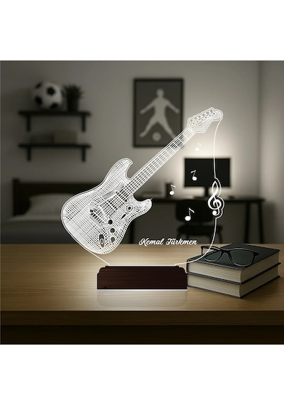 Luvivia Elektro Gitar Müzisyen Hediye Kişiye Özel 3d Lamba - Masa Gece Lambası Şeffaf