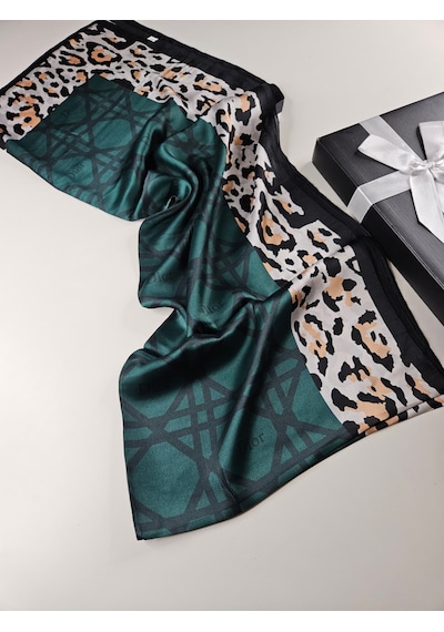 Miorel Scarfs Leopar Tema Cd Tema Vual İpek Şal Aksesuar Fular Silk Scarfs Shawl Hijab Yeşil