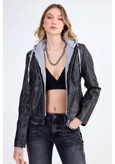 Vitrin Kapüşonlu Suni Deri Crop Biker Ceket Siyah