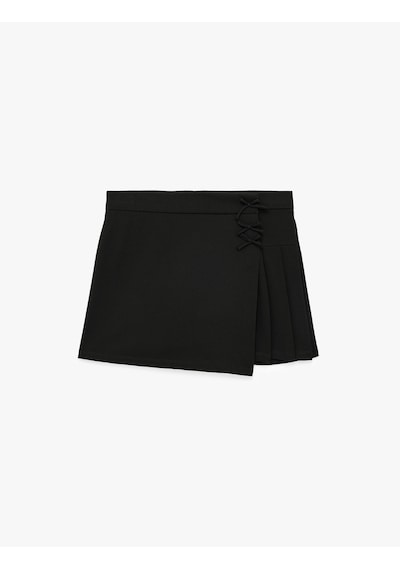 Koton Krep Scuba Kumaş Fiyonklu Pileli Mini Şort Etek Siyah 6sak10247ek