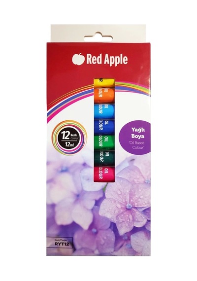 Red Apple Tüp Yağlı Boya Seti 12 Ml 12'li 35x50 Tuval Seti Metal Spatül Zemin Fırça Resim Paleti Çok Renkli