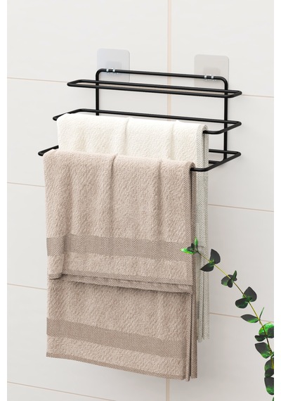 Yapışkanlı 3 Katlı Havlu Asıcı Raf Banyo Düzenleyici Metal Havlu Tutacağı Organizer Havluluk Rafı Siyah