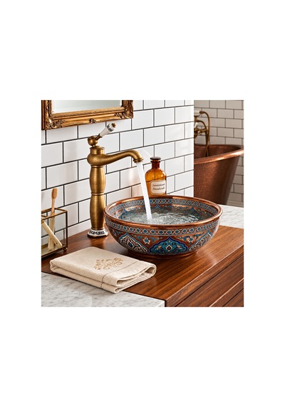 Rena Design Rustik Antik Çanak Lavabo Bataryası Banyo Yüksek Musluk Eskitme Porselen Işleme Armatür Otantik Bakır Retro Antik Eskitme