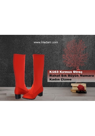 41-42-43-44 Numara K163 Kırmızı Streç Rahat Şık Büyük Numara Kadın Büyük Numara Çizme Kırmızı