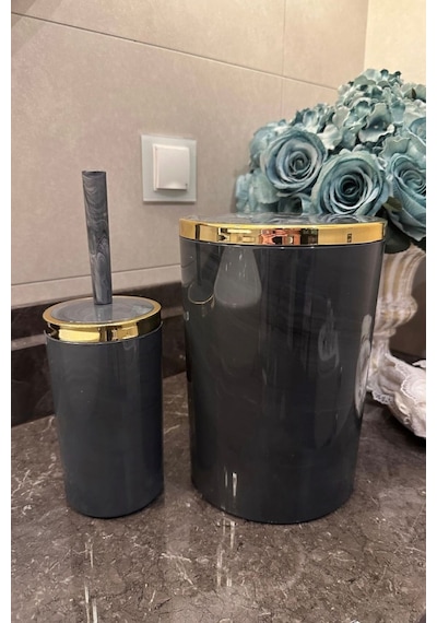 Makri Home Banyo Seti 5'li,akrilik-çöpkovası,wc Fırçalık,sıvı Sabunluk,diş Fırçalık,el Sabunluk,gold Renk Detay Gri