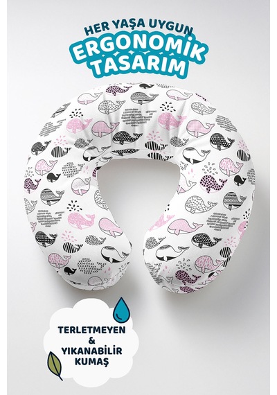 Sevimli Balina Desenli Pamuklu Boyun Yastığı - Modern Siyah Pembe Yumuşak Seyahat Yastığı Çok Renkli
