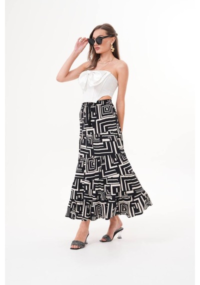Polologin Butik Siyah Bej Etnik Desenli Viskon Kumaş Spor Tesettür Etek Siyah