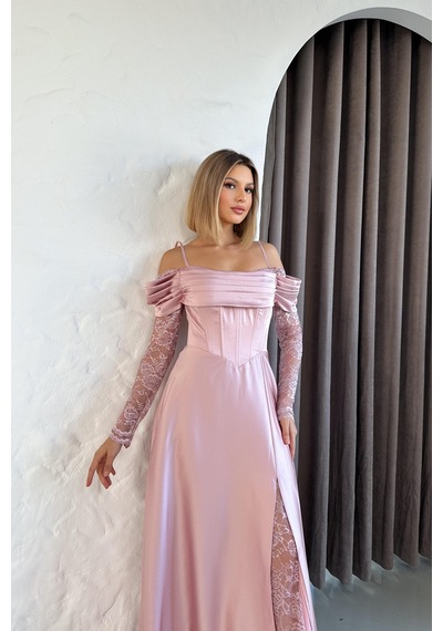 Livanomi Kolları Dantelli Pudra Saten Abiye Elbise Pudra