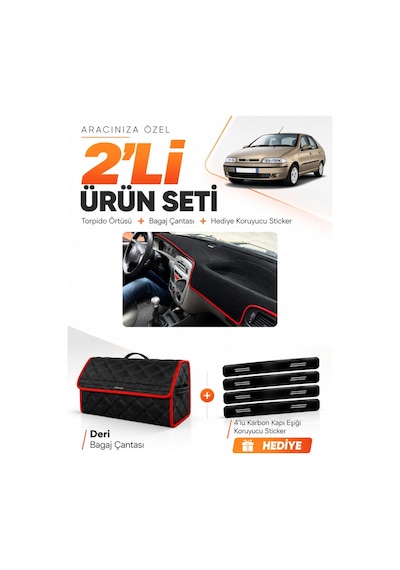 Fıat Siena 1999-2005 Uyumlu Torpido Örtüsü + Deri Bagaj Çantası + Sticker Seti - Siyah Kırmızı