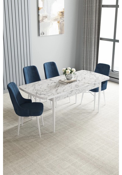 Zümra Serisi, Beyaz Mermer Desen 80x132 Açılabilir Mdf Mutfak Masası Takımı 4 Adet Sandalye Lacivert Zümra Serisi, Beyaz Mermer Desen 80x132 Açılabilir Mdf Mutfak Masası Takımı 4 Adet Sandalye Lacivert