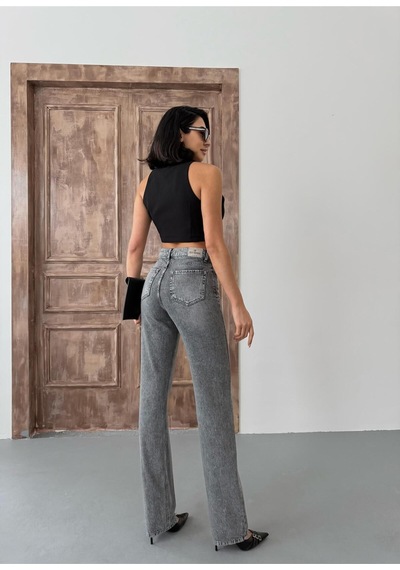 Kadın Straight Yüksek Bel Boru Paça Kot Pantolon Orta Füme Siyah+orta Füme