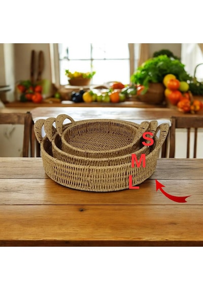 Mien Dekoratif Dayanıklı Çok Amaçlı Rattan Yuvarlak Tepsi Büyük Boy L Rattan