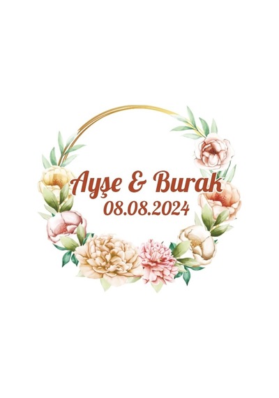 Yuvarlak Altın Yapraklı Çelenk Etiketi Kına Nişan Düğün 3x3 Cm Özel Etiket / 50 Adet Sticker Beyaz