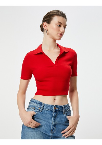 Koton Crop Tişört Basic Polo Yaka Kısa Kollu Kırmızı 4sak50636ek Kırmızı