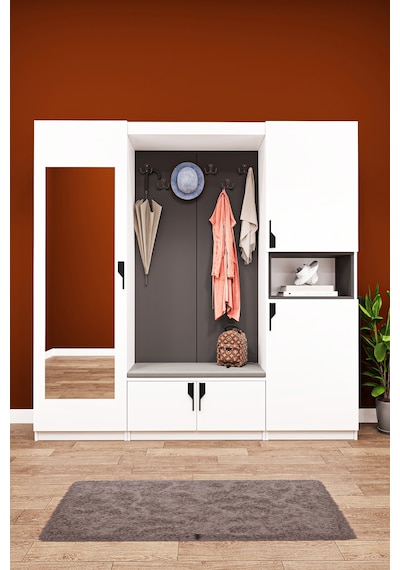 Lüks Puflu Aynalı Portmanto Askılı Vestiyer %100 Mdf Çok Raflı Modern Ayakkabılık V06 Beyaz - Antrasit Lüks Puflu Aynalı Portmanto Askılı Vestiyer %100 Mdf Çok Raflı Modern Ayakkabılık V06 Beyaz - Antrasit