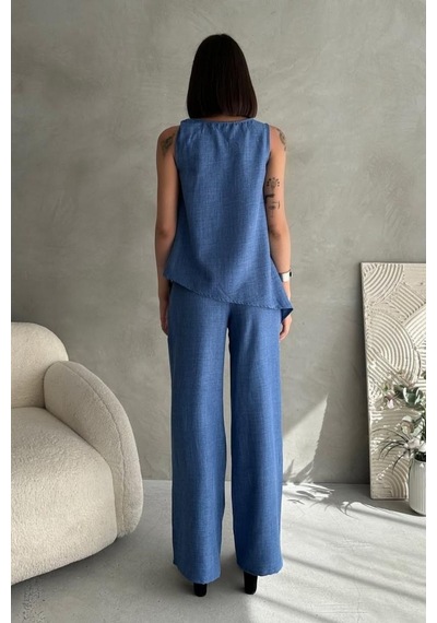 By Saygı Kadın Toka Detaylı Eteği Asimetrik Bluz Beli Lastikli Cepli Palazzo Pantolon Keten 2'li Takım İndigo By Saygı Kadın Toka Detaylı Eteği Asimetrik Bluz Beli Lastikli Cepli Palazzo Pantolon Keten 2'li Takım İndigo