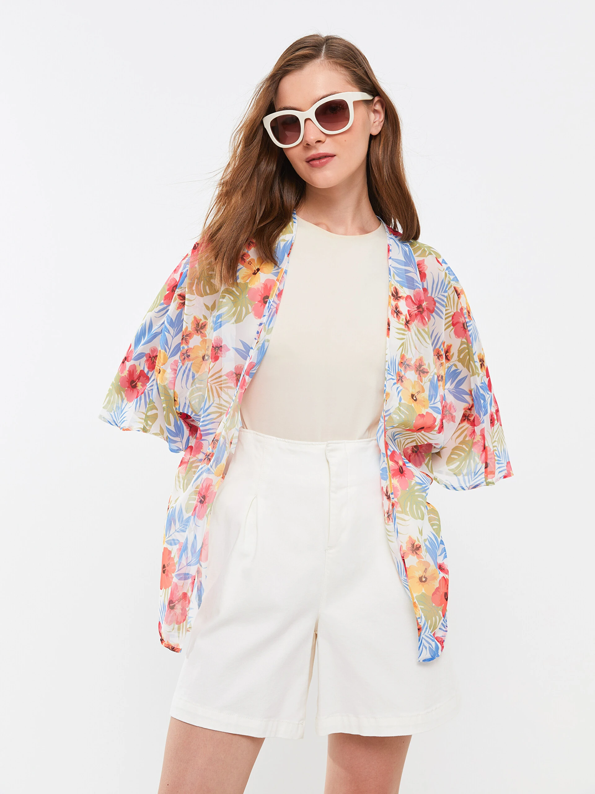 LC Waikiki Lcw Eco Ekru Şal Yaka Desenli Kadın Kimono