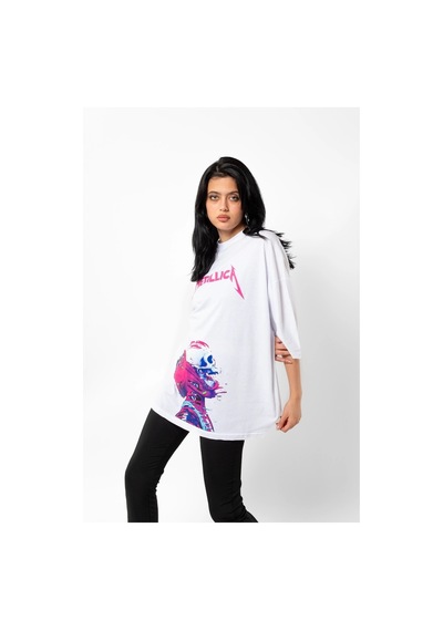 Startmore Metallica Neon Pembe Baskılı Beyaz Unisex Oversize Beyaz