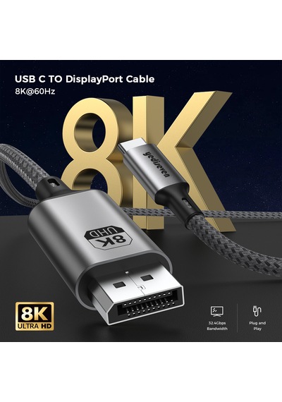 Yediseven Type C To Displayport 1.4 Görüntü Aktarma Kablosu Thunderbolt 3/4 Uyumlu 8k 60hz 4k 144hz 32.4gbps Hbr3 2 Metre