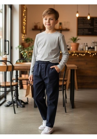 Zekids Erkek Çocuk Esnek Kumaş Beli Lastikli Pantolon-16399 Lacivert