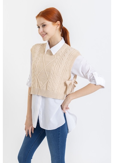 Giysa Kadın Triko Crop Süveter Bej Yandan Bağlamalı Kısa Örgü Desen Dokulu - 4014-355 Bej