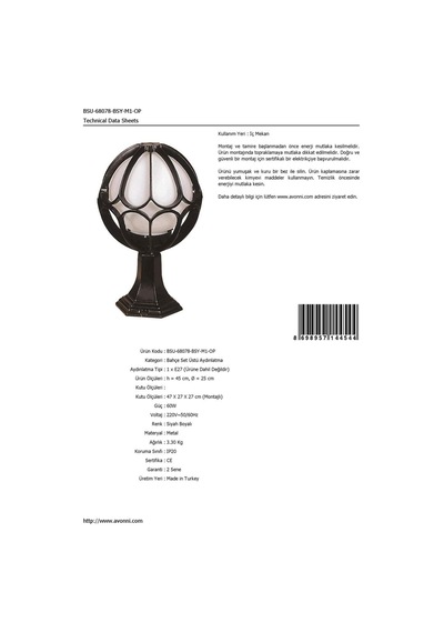 Avonnı Bsu-68078-bsy-m1-op Siyah Elektrostatik Toz Boyalı Dış Mekan Aydınlatma, E27, Aluminyum, Polietilen Cam, 25cm Sku: Smgstk2f603dbfbd
