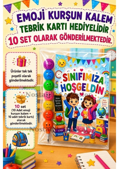 Okula Yeni Başlayan Öğrencilere Sınıfımıza Hoşgeldin Yazılı 10 Adet Hediye Seti 1. Sınıf- Sene Başı Hatırası Emoji Kurşun Kalem Tebrik Kartı Hediyeli