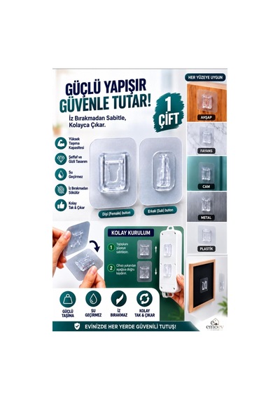 1'li Şeffaf Çift Taraflı Geçmeli Yapışkanlı Askı Priz Ve Tablo Sabitleyici Matkapsız Duvar Aparatı Şeffaf Şeffaf